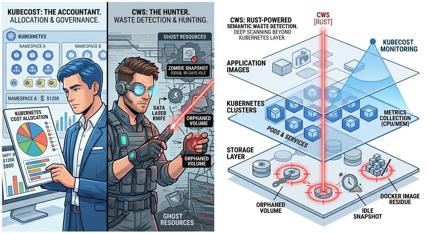 Kubecost financial governance and CWS runtime waste hunting side-by-side architecture