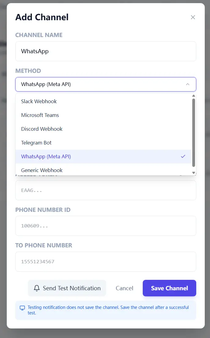 Notification channel setup screen with test actions and toggle controls.