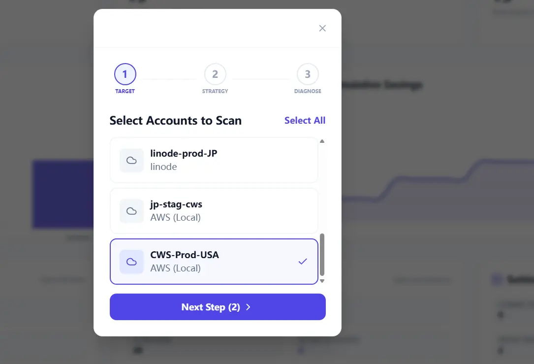 Scan wizard target step with account selection before launching scan.