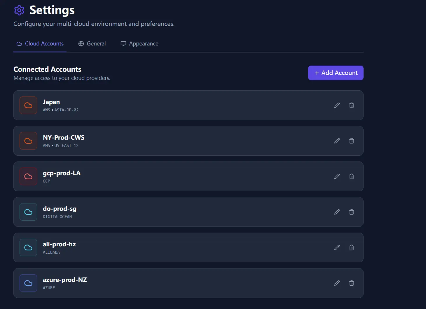 Cloud account settings in the first Cloud Waste Scanner Pro release.