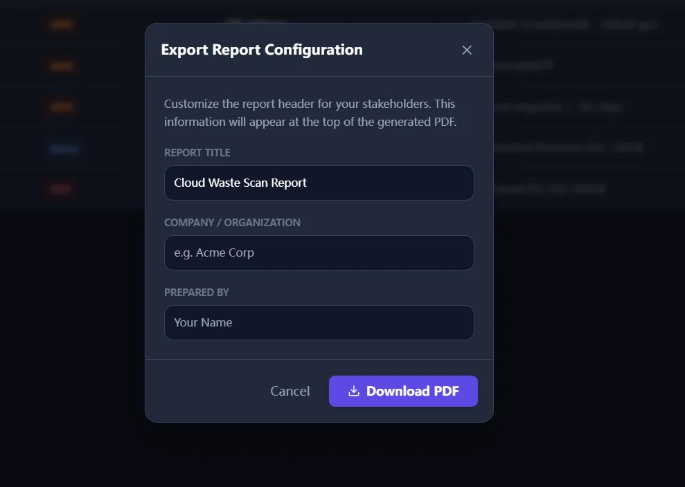 Reporting and export workflow used for database optimization evidence.