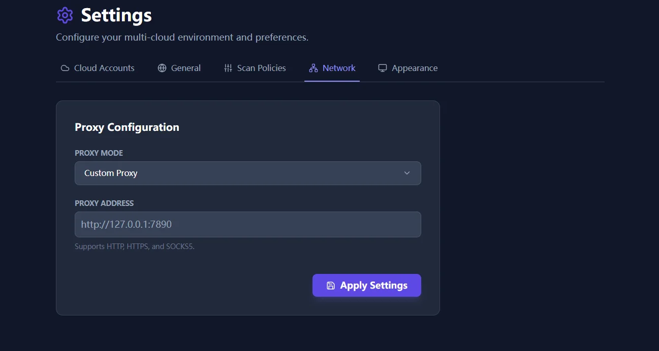 Settings view used to enforce network-safe operations for object governance scans.